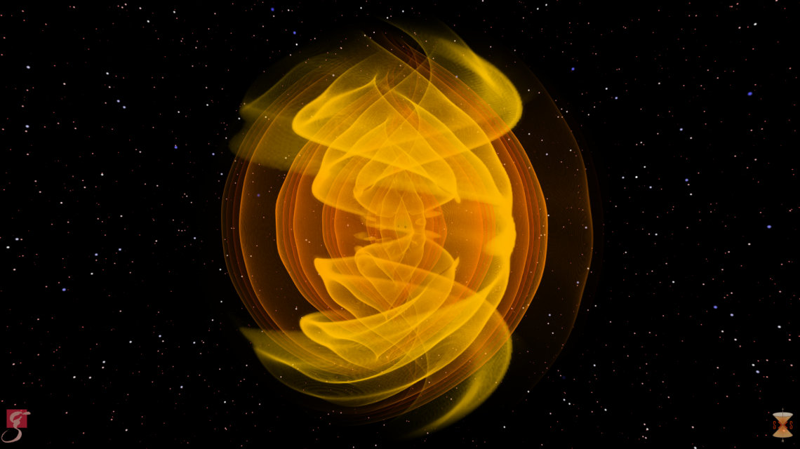 Graphische Darstellung von Gravitationswellen beim Verschmelzen zweier Schwarzer Löcher (Credits: S. Ossokine, A. Buonanno / AEI, Simulating eXtreme Spacetime project, W. Benger/Airborne Hydro Mapping GmbH) 